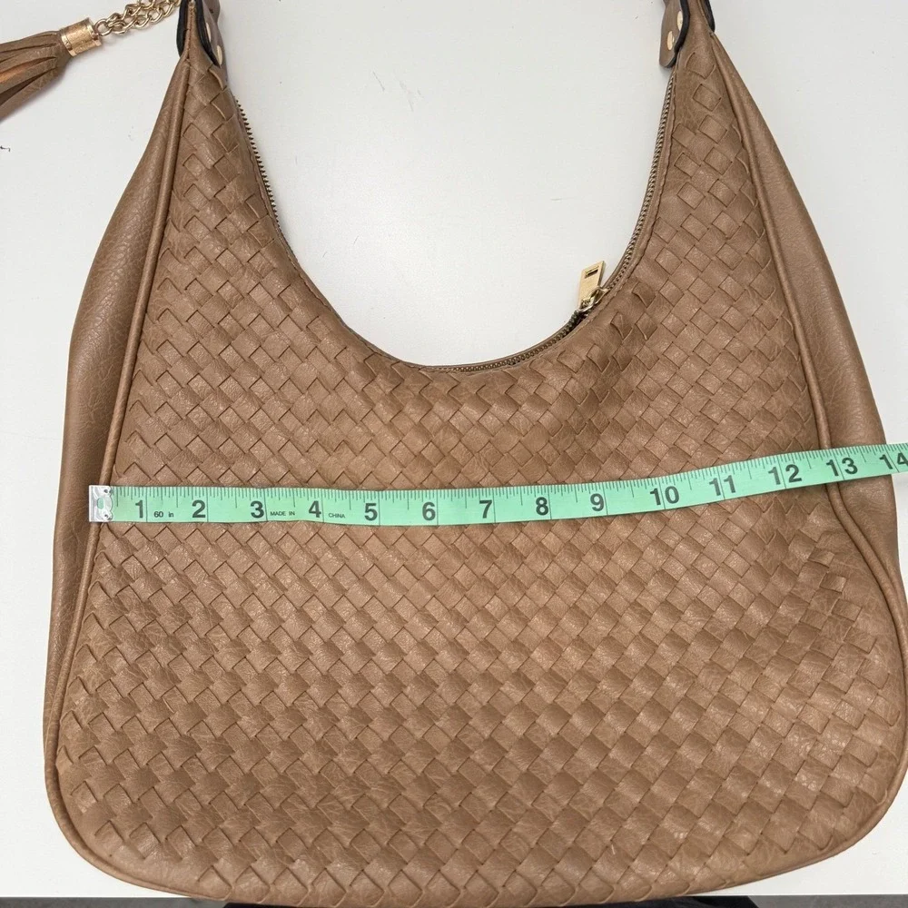 Woven Hobo Bag Tan Faux Leather Shoulder Bag Tassel Accent Boho - Picture 10 of 10